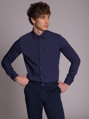 Dufy Lacivert Erkek Ekstra Slim Fit Poplin Gömlek-DU1999011017