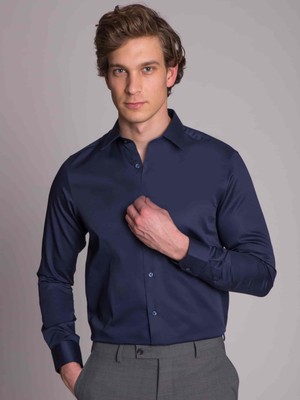 Dufy Lacivert Erkek Slim Fit Düz Gömlek-DU2999011001A