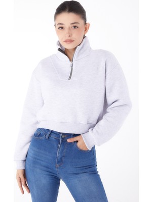 Tofisa Düz Yarım Balıkçı Yaka Kadın Gri Fermuarlı Mini Sweatshirt - 26051