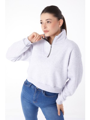 Tofisa Düz Yarım Balıkçı Yaka Kadın Gri Fermuarlı Mini Sweatshirt - 26051