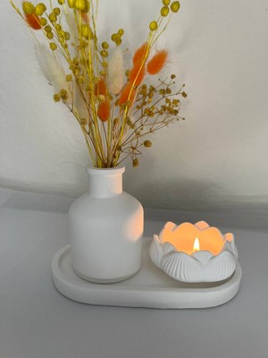 Love Candle Dekor Vazo Seti, Banyo Vazo Seti, Dekoratif Vazo Seti Düz Vazo, Çiçek Mumluk, Tabak 3 Parça Beyaz Renk.