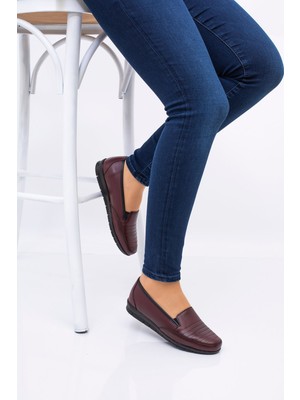 Ern Shoes Kadın Hakiki Deri Bordo Tam Ortopedik Babet Ayakkabı 4 cm Taban Yüksekliği ile Rahat Kullanım