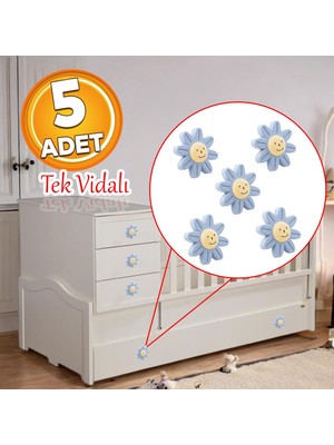 Badem10 Plastik Papatya Gülücüklü Mavi Renk Mobilya Çoçuk Odası Dolabı Kapak Kulpu Çekmece Kulbu 5 Adet