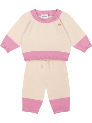 Antebies Bej Pembe Tahta Düğmeli Triko Kız Bebek Takım