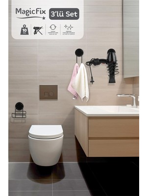 Okyanus Home Siyah Magic Fix Banyo Düzenleyici 3'lü Set-  Ikili Askı - Wc Kağıtlık - Saç Kurutmalık Askısı
