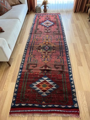 DesignEv 100X318 cm Kırmızı Turuncu Geometrik Desenli Moroccan Stili Uzun El Dokuma Yolluk