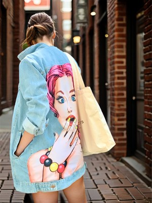 Poupee Jean Ceket, Pop-Art Desenli Kot Ceket, Desenli Denim Ceket