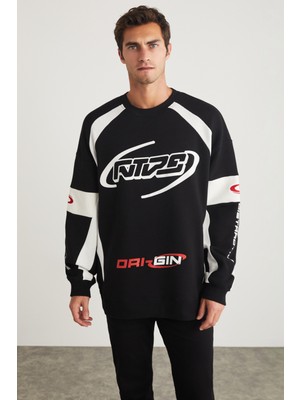 Breez Erkek %100 Organik Pamuklu Oversize Parçalı Spor Baskı Detaylı Bisiklet Yaka Siyah Sweatshirt