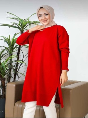 SFG Life Moda Kadın Bisiklet Yaka Eteği Yırtmaçlı Şık Merserize Salaş Triko Tunik