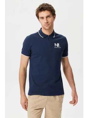 Nautica Pamuklu Logo Baskılı Çizgi Detaylı Slim Fit Polo T Shirt Erkek Polo T Shirt K35427T 4Nv