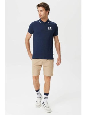 Nautica Pamuklu Logo Baskılı Çizgi Detaylı Slim Fit Polo T Shirt Erkek Polo T Shirt K35427T 4Nv