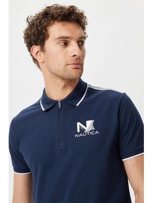 Nautica Pamuklu Logo Baskılı Çizgi Detaylı Slim Fit Polo T Shirt Erkek Polo T Shirt K35427T 4Nv