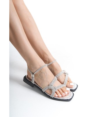 ARTI ARTI AYAKKABI MİA026-1551 Kadın Gümüş-Siyah Taşlı Abiye Günlük-Düğün-Eğlence-Tatil Sandaleti