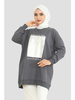 Baskılı Balon Kol Sweatshirt Gri