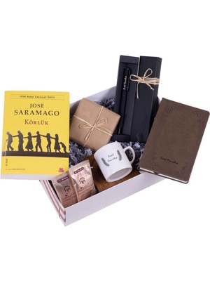 Kişiye Özel Vintage Defter Kalem Fincan Çikolata Kahve ve Körlük Kitabı Hediye Seti