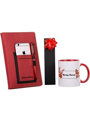 Isme Özel Kırmızı Siyah Kombinli Ajanda Kupa Kalem Seti