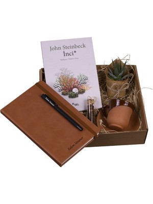 Kişiye Özel Ajanda Kalem Toprak Fincan ve Inci Kitabı Hediye Seti - Anlamlı Doğum Günü Hediyesi