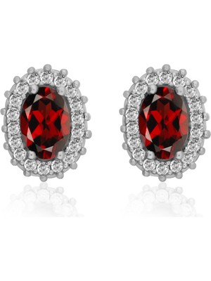 Silveranka 925 Ayar Gümüş Yakut Kırmızısı Oval Taşlı Anturaj Küpe