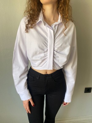 Nice Boutique Beyaz Büzgülü Crop Poplin Kumaş Kadın Gömlek