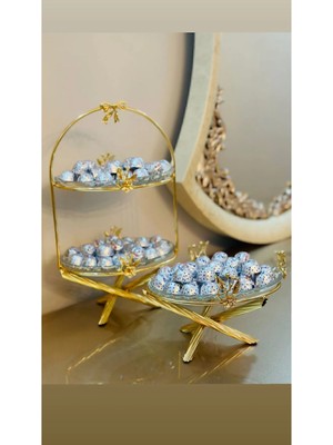 Kardelen Kristal Azade Bakır Iki Katlı ve Tek Katlı Sunumluk Seti
