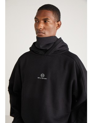 Joshua Erkek Kapüşonlu Oversize Kalıp Boyunluklu Siyah Sweatshirt