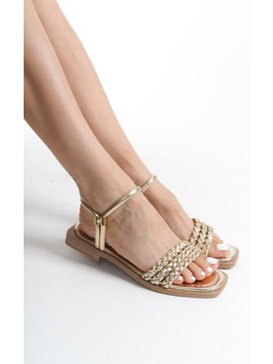 ARTI ARTI AYAKKABI MİA026-1550 Kadın El Örgülü Altın Abiye Günlük-Düğün-Eğlence-Tatil Terliği