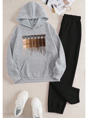 Kids Face Özel Tasarım Kapüşonlu Spread Kındness Kalpler Baskılı Şardonlu Kışlık Kız Çocuk Şık Eşofman Takımı