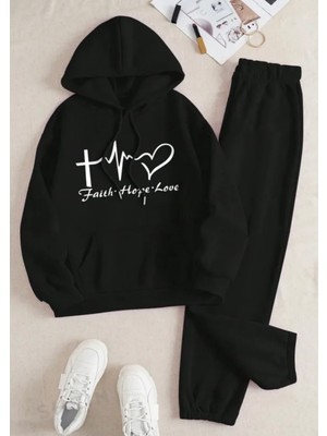 Kids Face Özel Tasarım Kapüşonlu Faith Hope Love Baskılı Yeni Stil Kışlık Kız Çocuk Eşofman Takımı