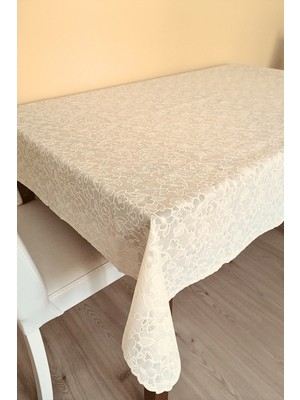 Elegancev Dantel Motifli Muşamba Masa Örtüsü 120 x 150 cm  - Krem Renk-Çiçek