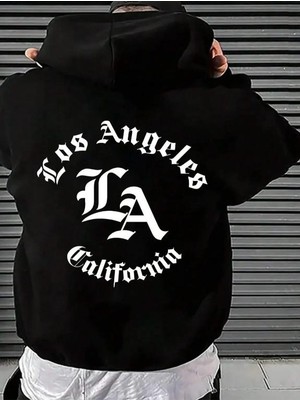 Belabre Oversize Erkek Los Angeles Baskılı Siyah Kapüşonlu Sweatshirt