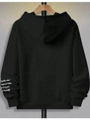 Belabre Oversize Erkek Yakada Gül Baskılı Siyah Kapüşonlu Sweatshirt