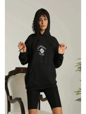 YS Innovation Unisex Kapüşonlu Üç Iplik Oversize Baskılı Sweatshirt - Siyah