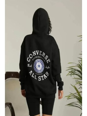 YS Innovation Unisex Kapüşonlu Üç Iplik Oversize Baskılı Sweatshirt - Siyah