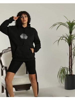 YS Innovation Unisex Sırt Baskılı Kapüşonlu Üç Iplik Oversize Sweatshirt - Siyah