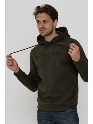 Jack & Jones Erkek Göğüs Logo Baskılı Kapüşonlu Sweatshirt - Trap