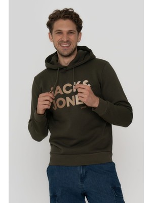 Jack & Jones Erkek Kapüşonlu Logo Baskılı Sweatshirt - Forest