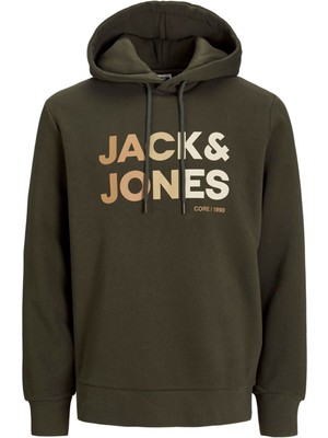 Jack & Jones Erkek Kapüşonlu Logo Baskılı Sweatshirt - Forest