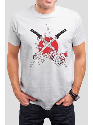 T-35 Japon Samuray Kitsune Baskılı Beyaz  Tişört C1049