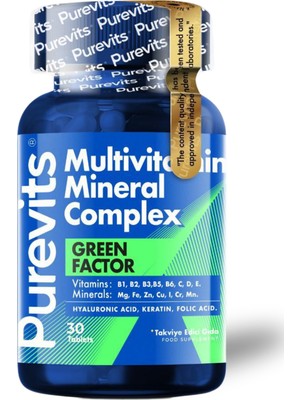 Purevits Green Factor Multivitamin Minarel Complex - Keratin - Hyaluronik Asit – Folik Asit – 30 Adet