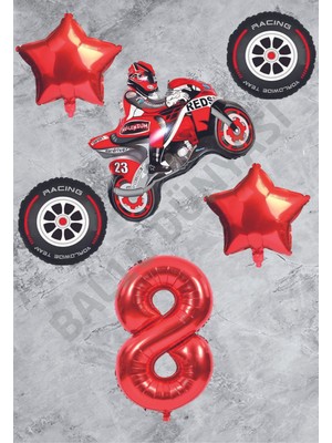 Bal10 Dünyası Motorsiklet-Yarış Lastiği ve Kırmızı Rakam Yıldız Folyo Balon Seti Yaş-8