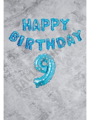 Bal10 Dünyası Mavi Puanlı Happy Bırthday ve Rakam Folyo Balon Seti Yaş 9
