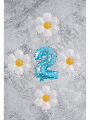 Bal10 Dünyası Mavi Puanlı Rakam ve Papatya Folyo Balon Seti Yaş 2