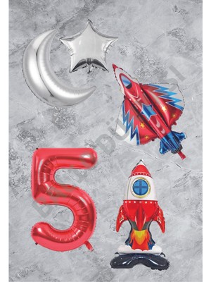 Bal10 Dünyası Uzay Temalı Astronot Uçak Rakam Ay Yıldız Folyo Balon Seti Yaş 5
