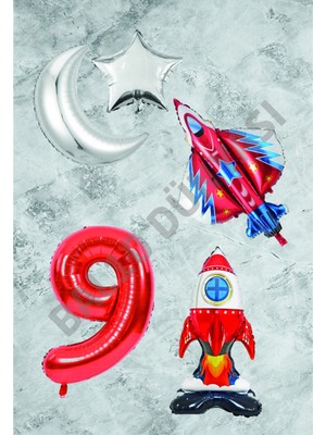Bal10 Dünyası Uzay Temalı Astronot Uçak Rakam Ay Yıldız Folyo Balon Seti Yaş 9