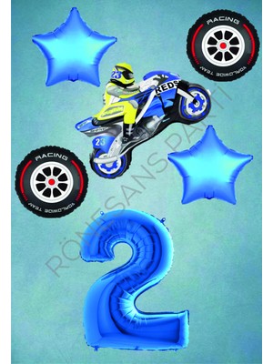 Rönesans Parti Motorsiklet-Yarış Lastiği ve Mavi Rakam Yıldız Folyo Balon Seti Yaş-2