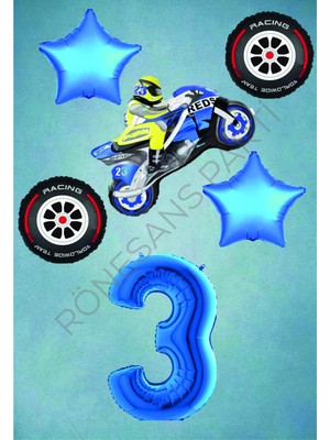Rönesans Parti Motorsiklet-Yarış Lastiği ve Mavi Rakam Yıldız Folyo Balon Seti Yaş-3