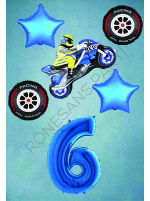 Rönesans Parti Motorsiklet-Yarış Lastiği ve Mavi Rakam Yıldız Folyo Balon Seti Yaş-6