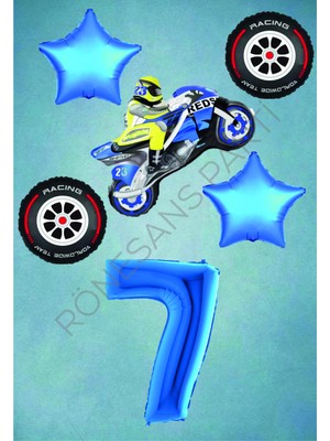 Rönesans Parti Motorsiklet-Yarış Lastiği ve Mavi Rakam Yıldız Folyo Balon Seti Yaş-7