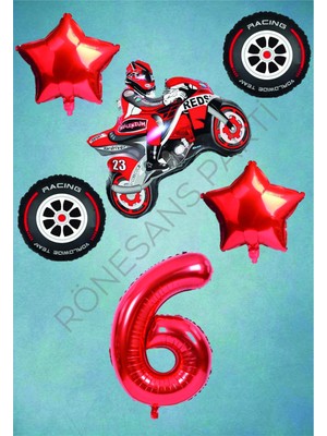 Rönesans Parti Motorsiklet-Yarış Lastiği ve Kırmızı Rakam Yıldız Folyo Balon Seti Yaş-6