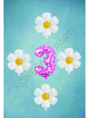 Rönesans Parti Pembe Puanlı Rakam ve Papatya Folyo Balon Seti Yaş 3